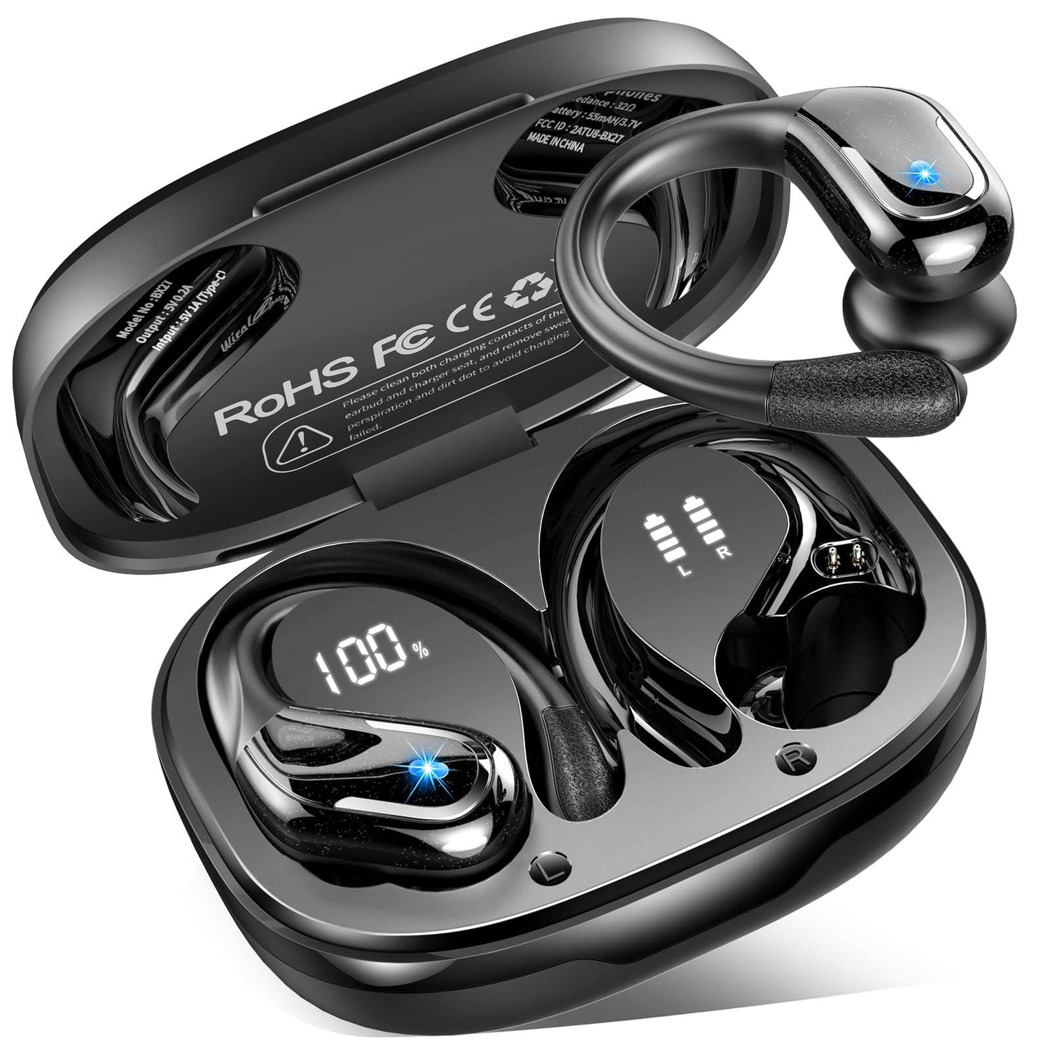 Bluetooth Kopfhörer Sport, 75Std Kopfhörer Kabellos Bluetooth 5.4, HiFi Stereo Tiefer Bass Wireless Earbud, 4 ENC Noise Cancelling Mic, IP7 Wasserdicht in Ear Ohrhörer mit Ohrhaken, USB-C LED-Anzeige - Alcovic