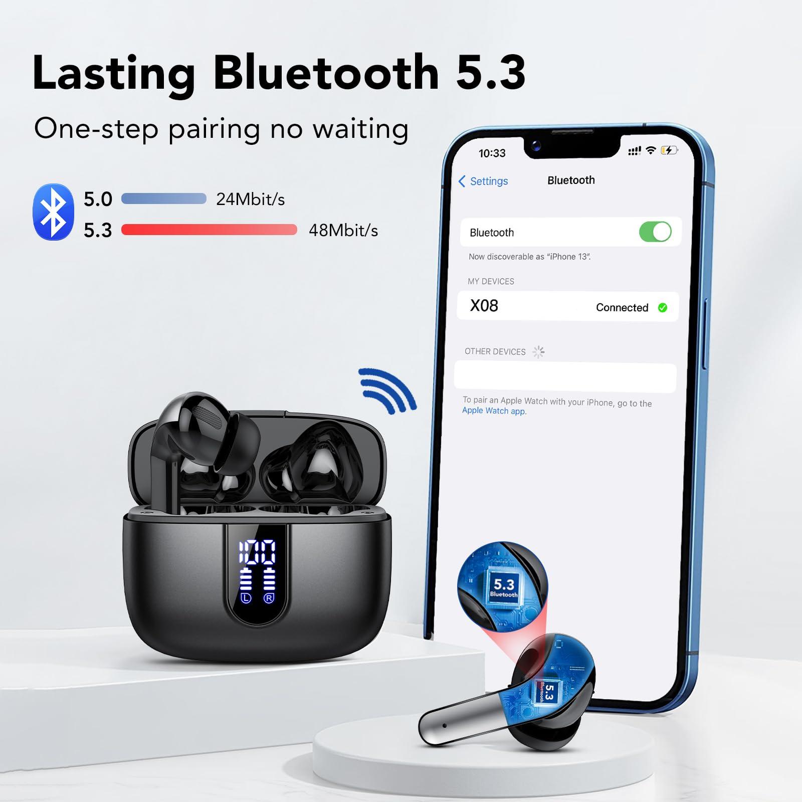 Bluetooth Kopfhörer, In Ear Kopfhörer Kabellos Bluetooth 5.3 mit 50H Tiefer Bass, 2024 Neue Kabellose Kopfhörer Noise Cancelling Earbuds mit 4 ENC Mic, IPX7 Wasserdicht Ohrhörer, USB-C Alcovic