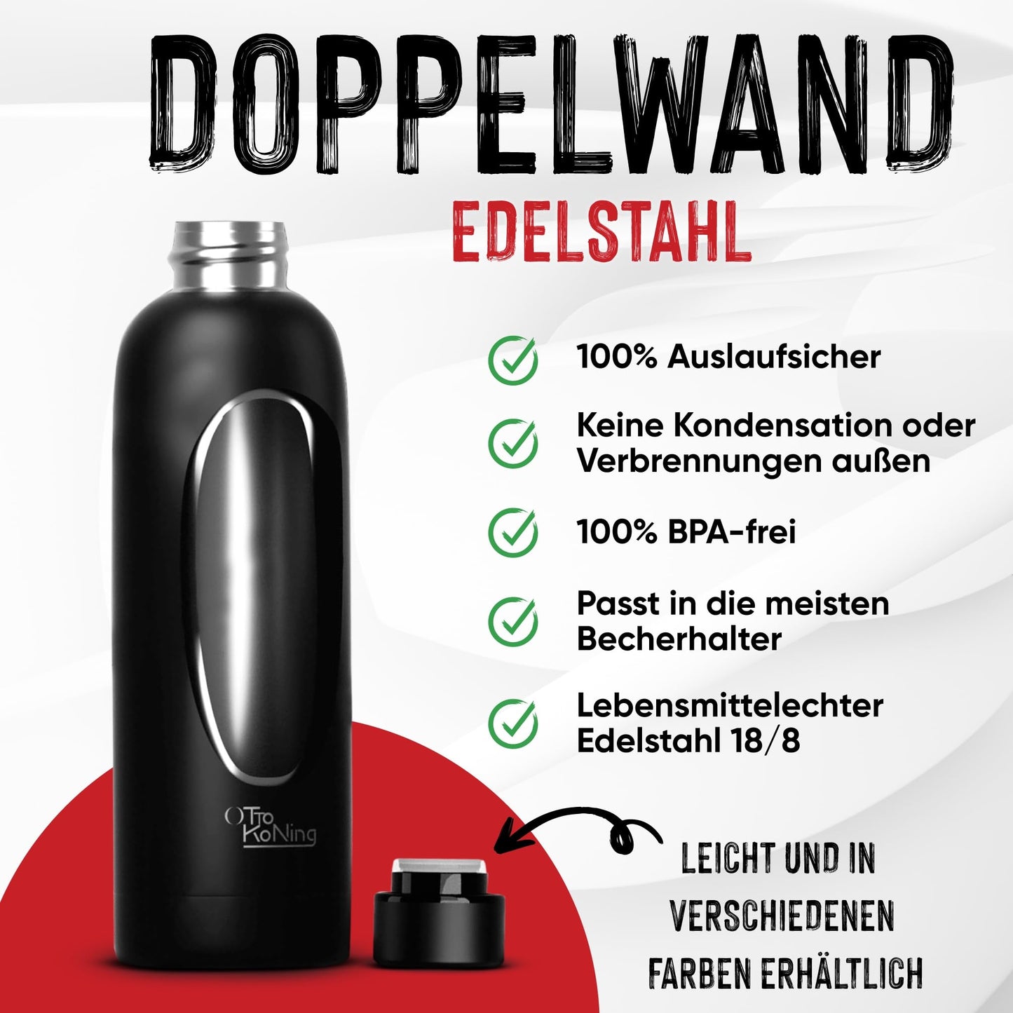 Otto Koning Edelstahl Trinkflasche 500ml – Doppelwandig, Vakuumisoliert, Hält Getränke 24h Kalt & 12h Heiß, BPA-frei