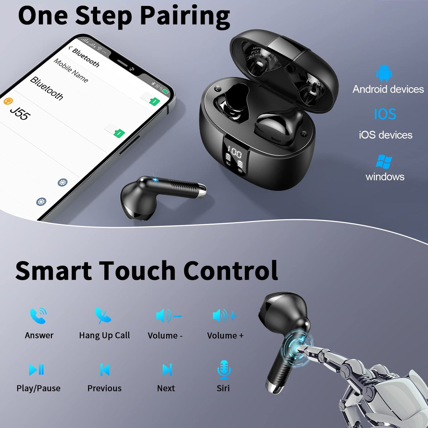 Bluetooth In-Ear Kopfhörer – Kabellos, Bluetooth 5.4, 48 h, 4 ENC Mics, Tiefer Bass, IPX7, USB-C, LED-Anzeige