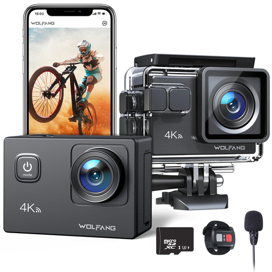 WOLFANG Action Cam 4K30FPS 20MP mit 32GB microSDXC Speicherkarte WiFi 40M Unterwasserkamera Wasserdicht EIS Actioncam Fernregler Mikrofon Zubehör Kit Alcovic
