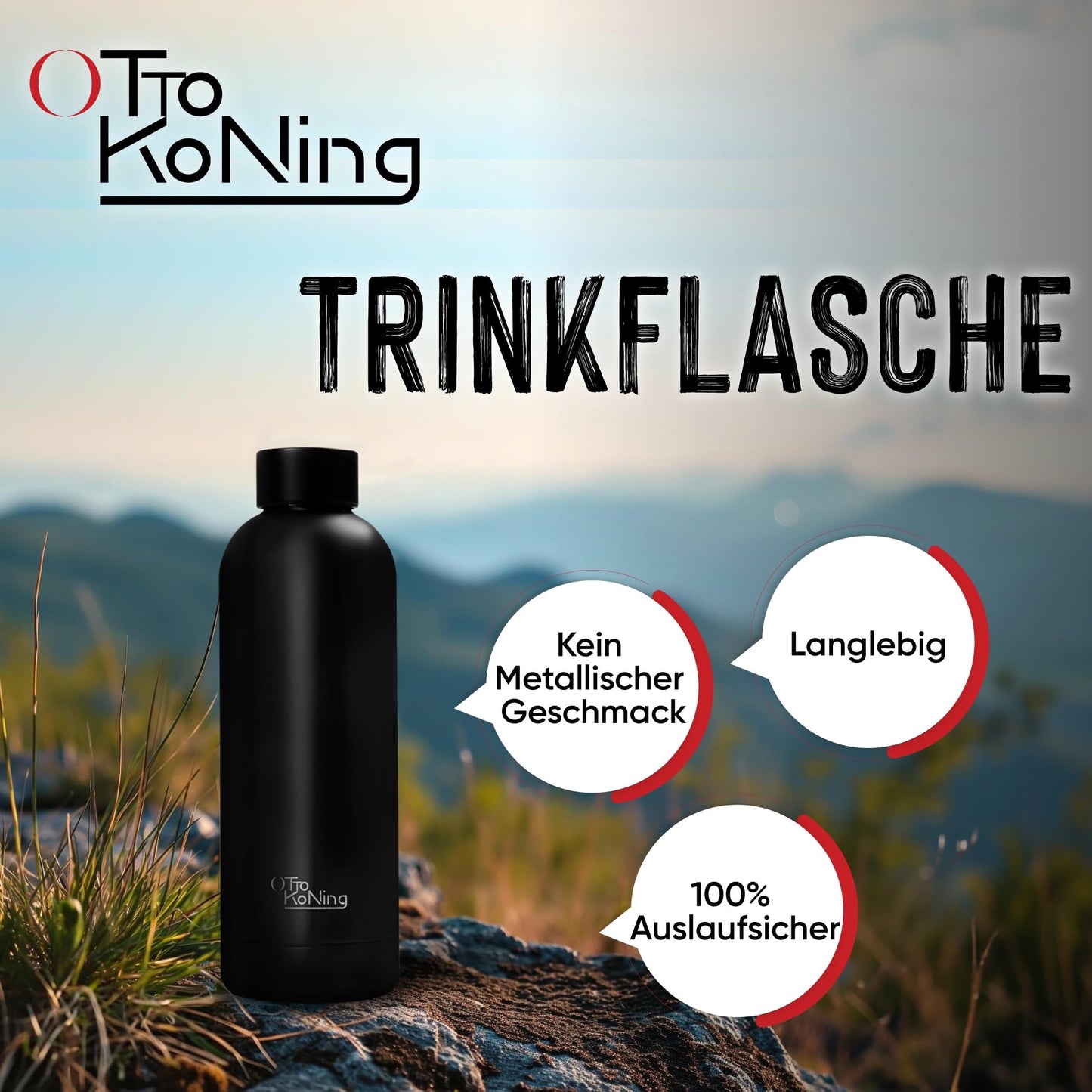 Otto Koning Edelstahl Trinkflasche 500ml – Doppelwandig, Vakuumisoliert, Hält Getränke 24h Kalt & 12h Heiß, BPA-frei