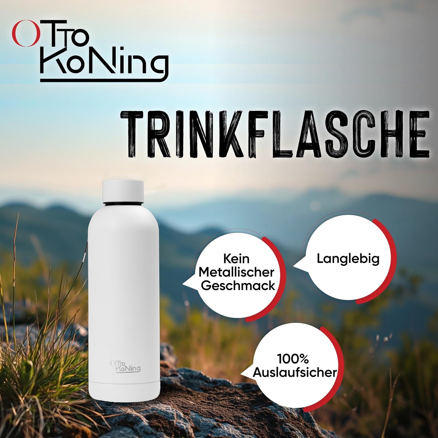 Otto Koning Edelstahl Trinkflasche 500ml – Doppelwandig, Vakuumisoliert, Hält Getränke 24h Kalt & 12h Heiß, BPA-frei