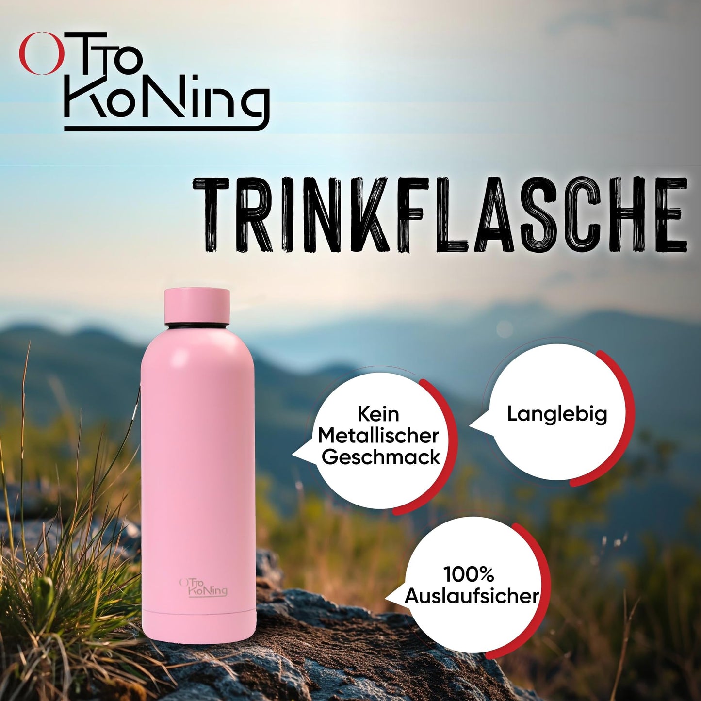 Otto Koning Edelstahl Trinkflasche 500ml – Doppelwandig, Vakuumisoliert, Hält Getränke 24h Kalt & 12h Heiß, BPA-frei