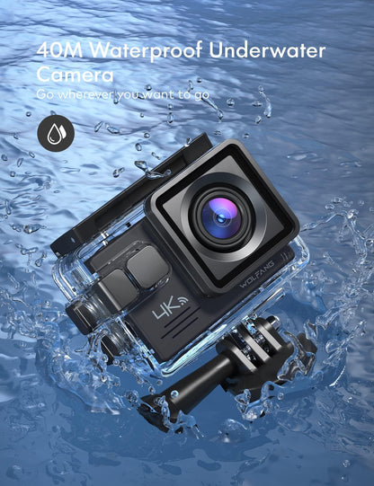 WOLFANG Action Cam 4K30FPS 20MP mit 32GB microSDXC Speicherkarte WiFi 40M Unterwasserkamera Wasserdicht EIS Actioncam Fernregler Mikrofon Zubehör Kit Alcovic
