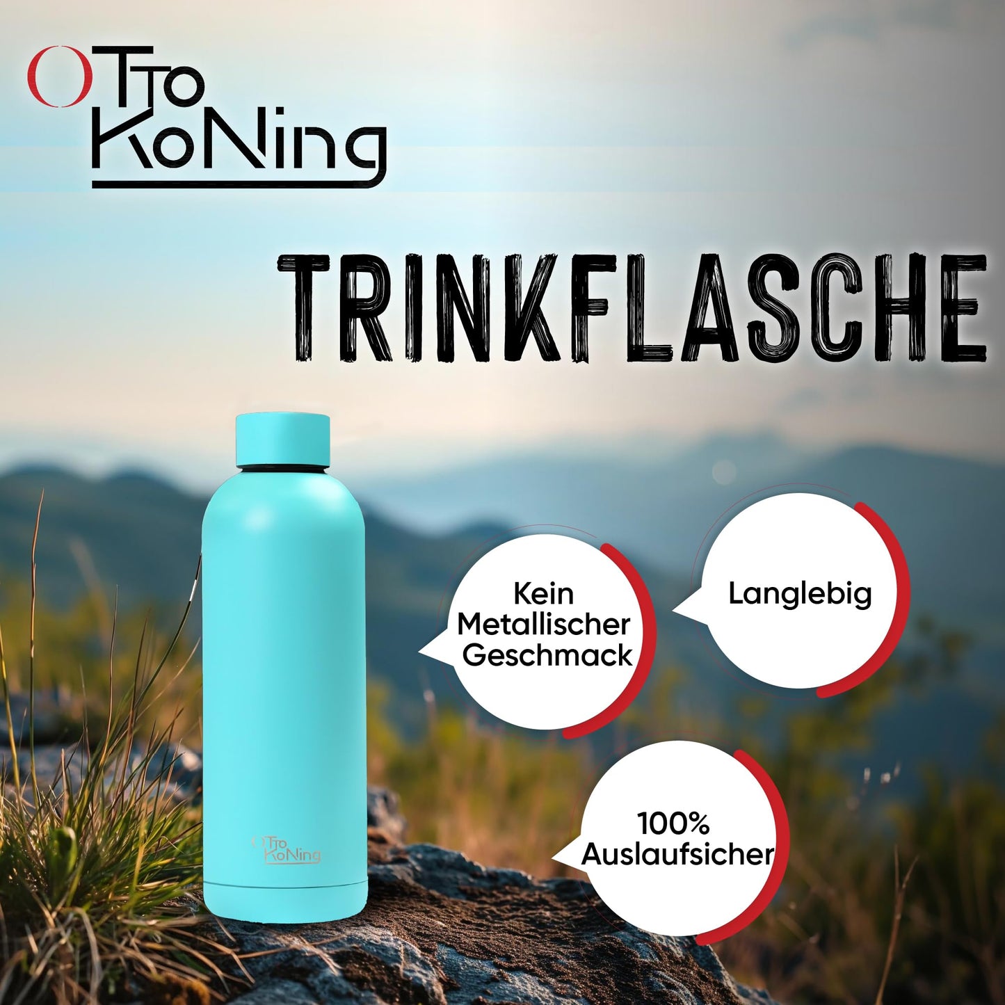 Otto Koning Edelstahl Trinkflasche 500ml – Doppelwandig, Vakuumisoliert, Hält Getränke 24h Kalt & 12h Heiß, BPA-frei
