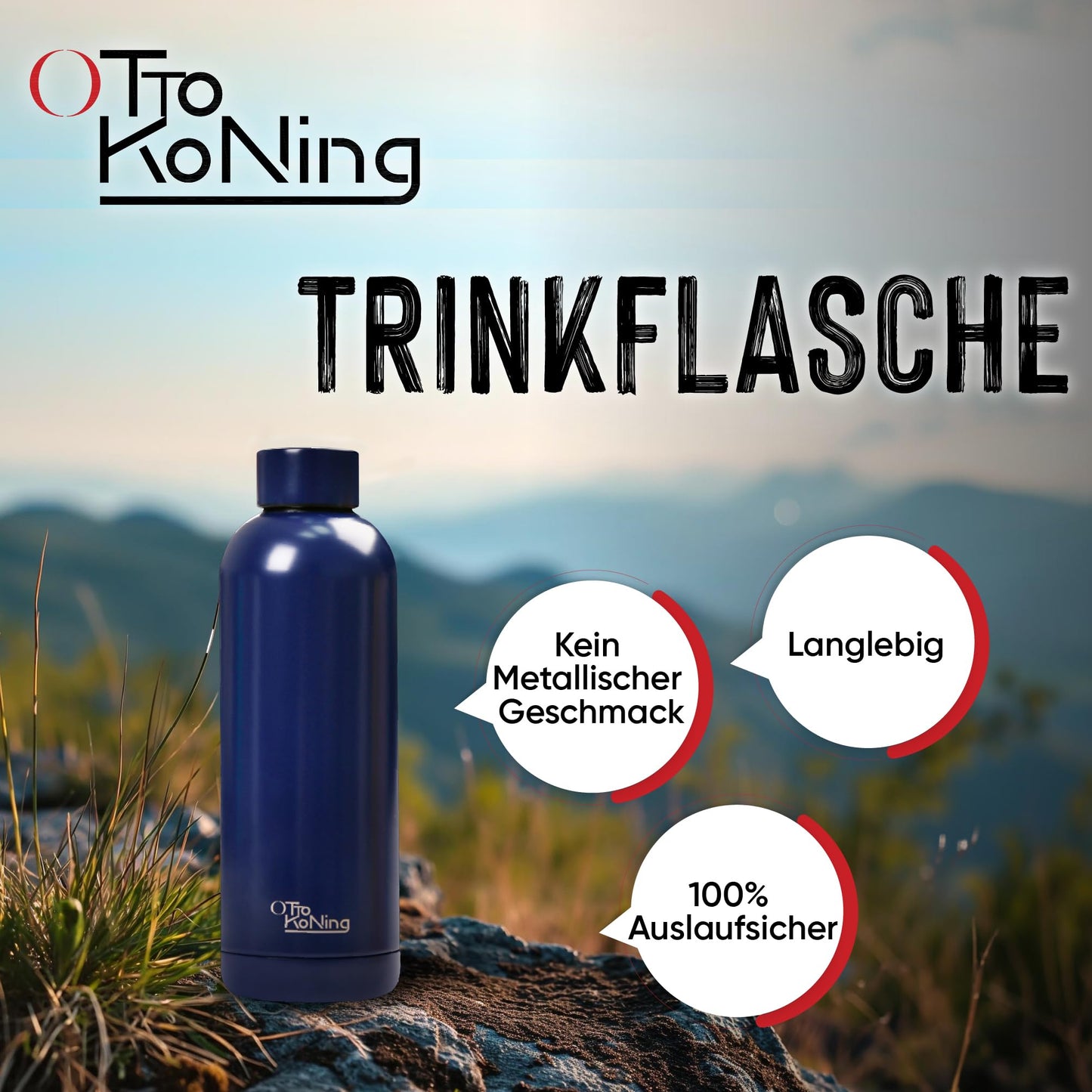 Otto Koning Edelstahl Trinkflasche 500ml – Doppelwandig, Vakuumisoliert, Hält Getränke 24h Kalt & 12h Heiß, BPA-frei